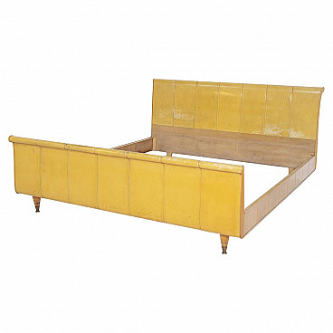 Bed in yellow parchment, wood and brass, 1950s