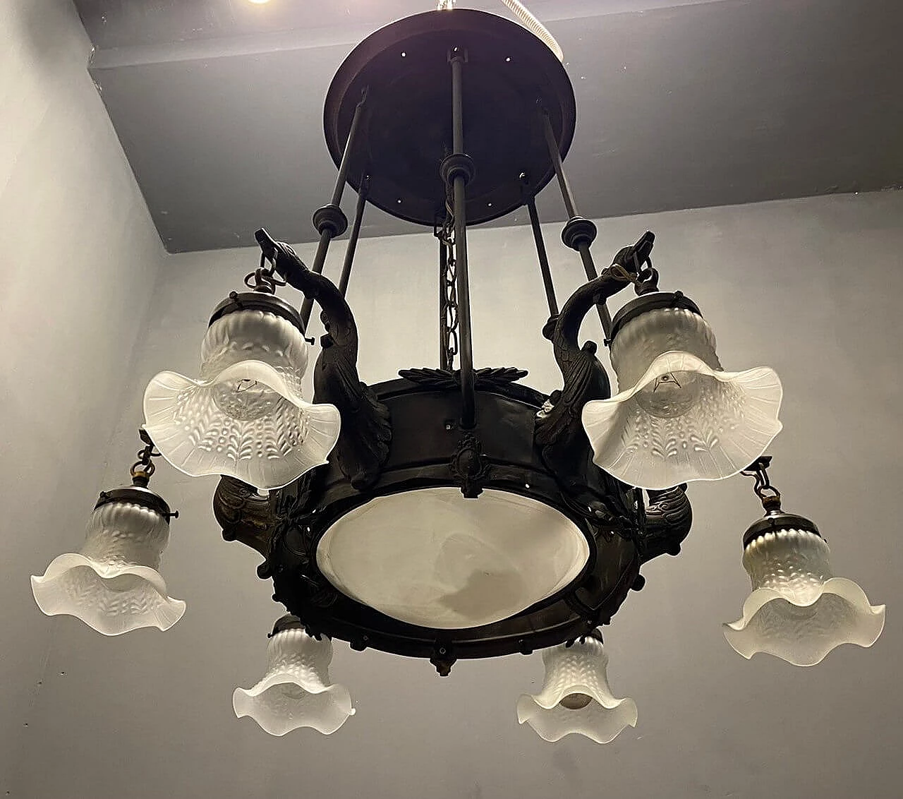 Lampadario in stile liberty in bronzo, anni '40 1444663