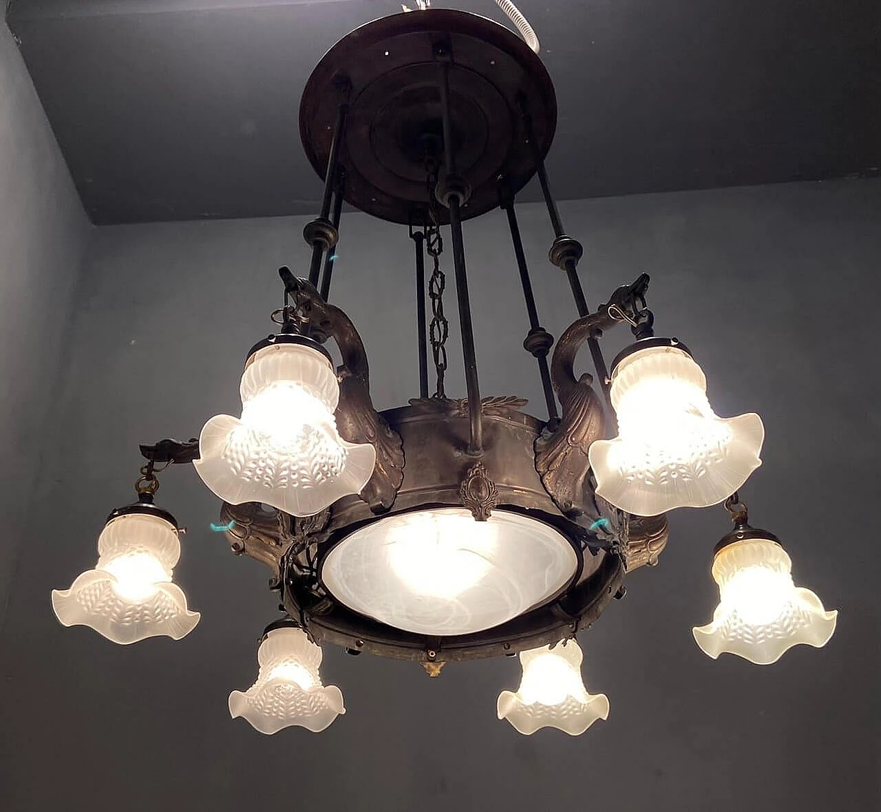 Lampadario in stile liberty in bronzo, anni '40 1444664