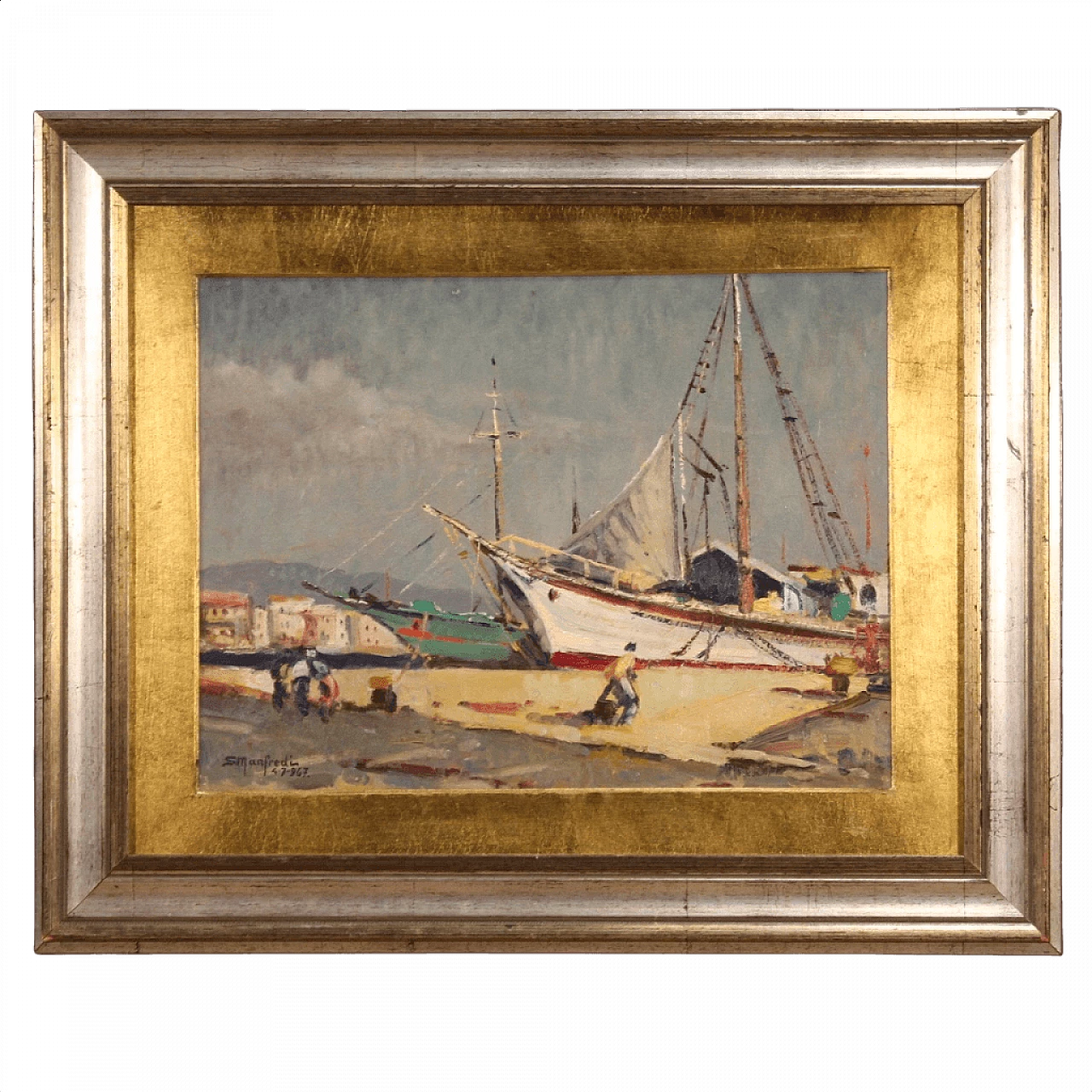 Dipinto ad olio su tavoletta di paesaggio marittimo, anni '60 1445386