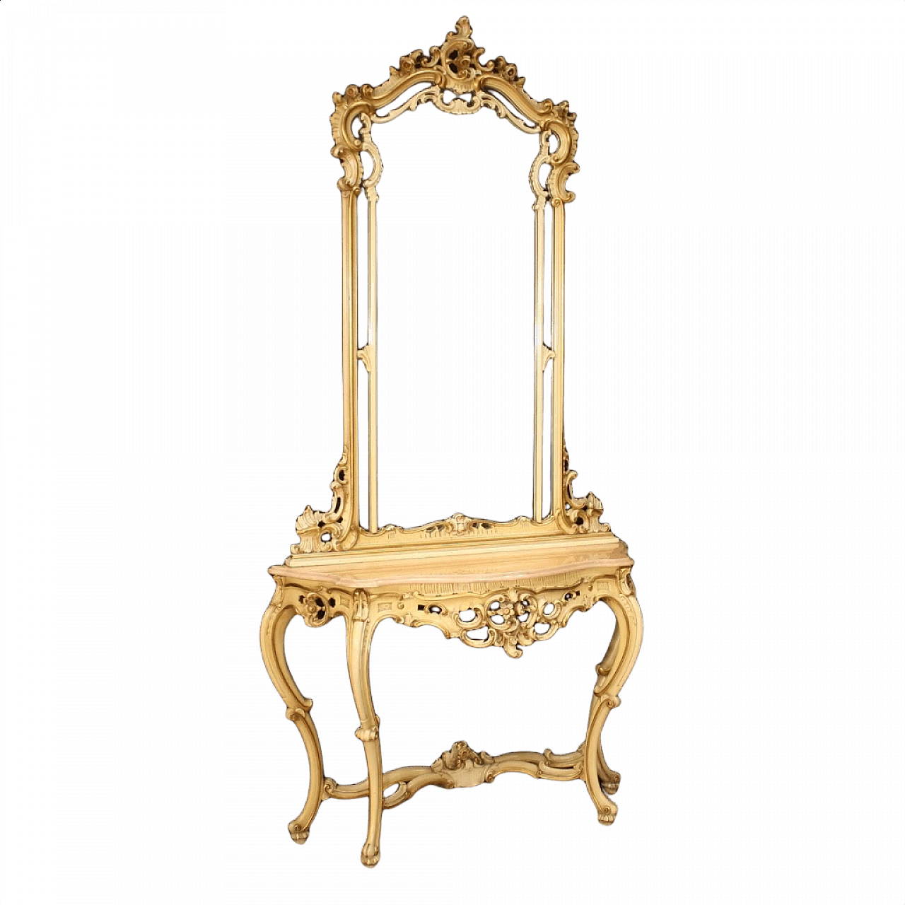 Console con specchiera laccata dorata in stile Luigi XV, del '900 1445387