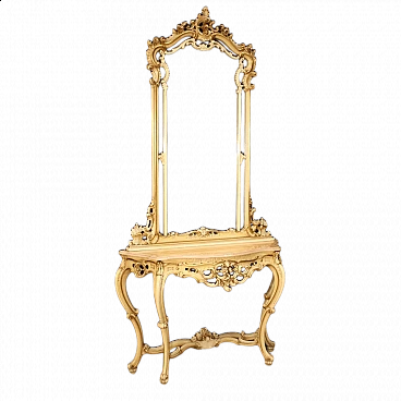 Console con specchiera laccata dorata in stile Luigi XV, del '900