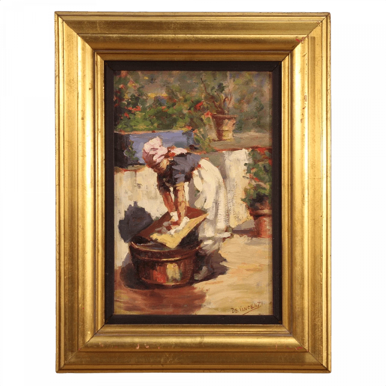 Dipinto ad olio su tavoletta raffigurante La Lavandaia, del '900 1445388