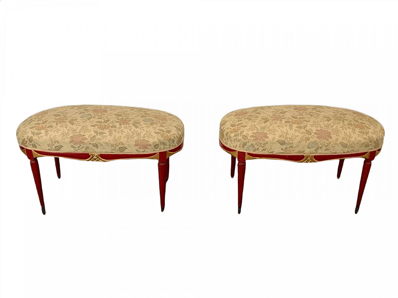 Art Deco cardinal red lacquered pouf with carved details, 1930s 1445634