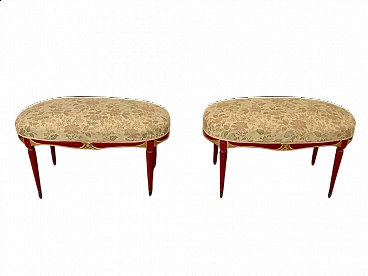 Art Deco cardinal red lacquered pouf with carved details, 1930s