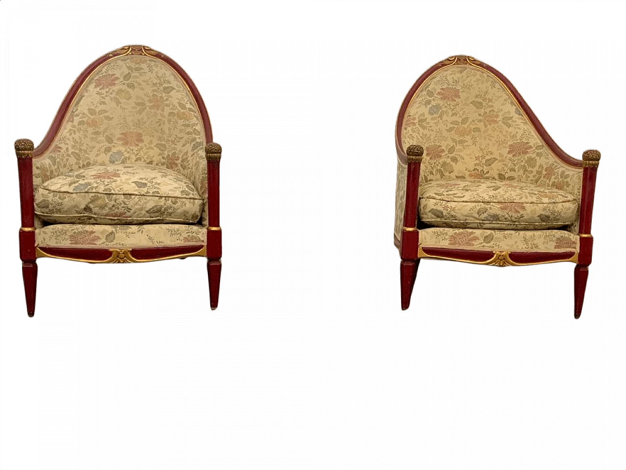 Pair of Art Deco red lacquered armchairs with carved details, 1930s 1445635