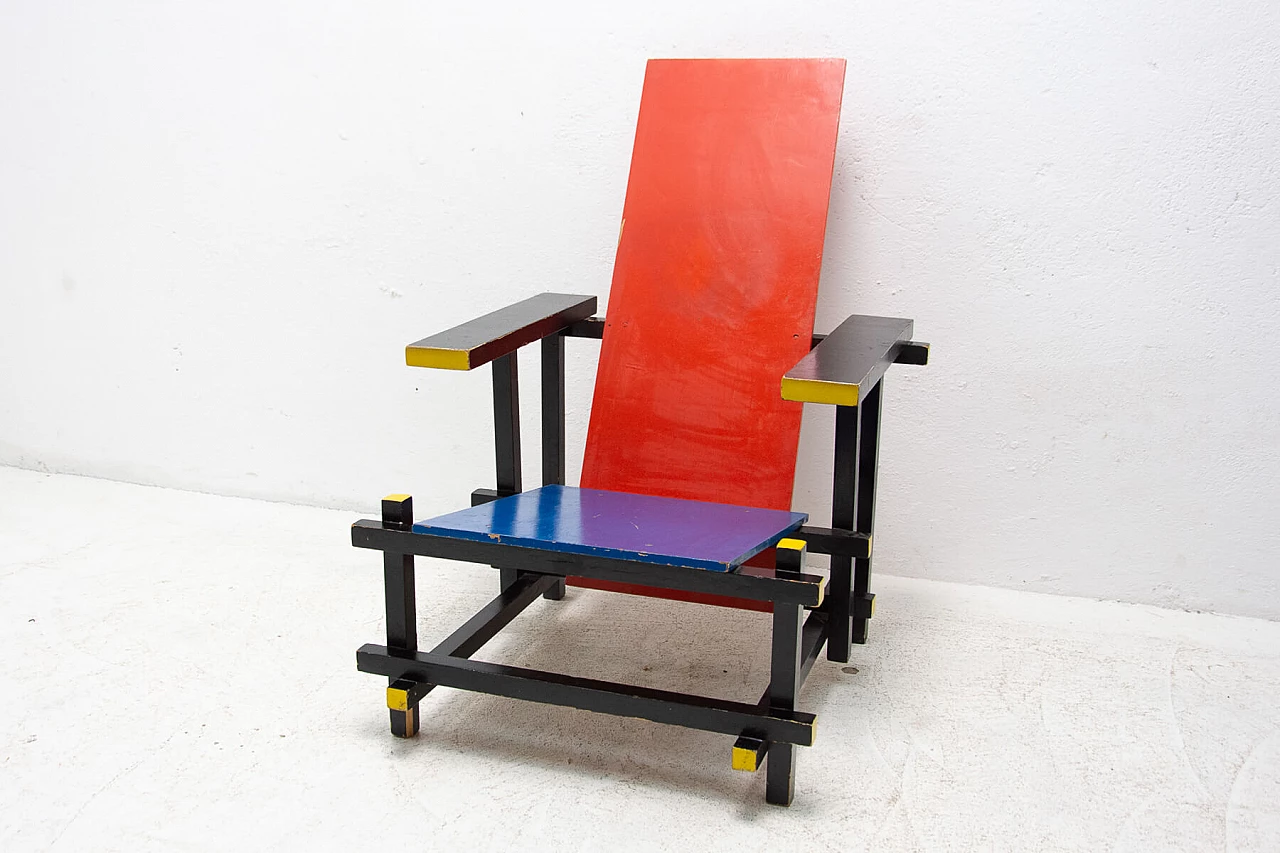 Sedia Rossa e Blu di Gerrit Rietveld in legno laccato, anni '70 1445742