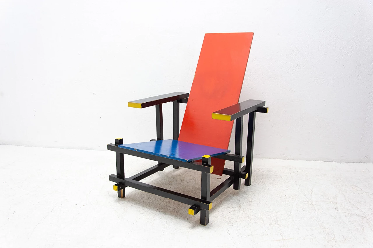 Sedia Rossa e Blu di Gerrit Rietveld in legno laccato, anni '70 1445743