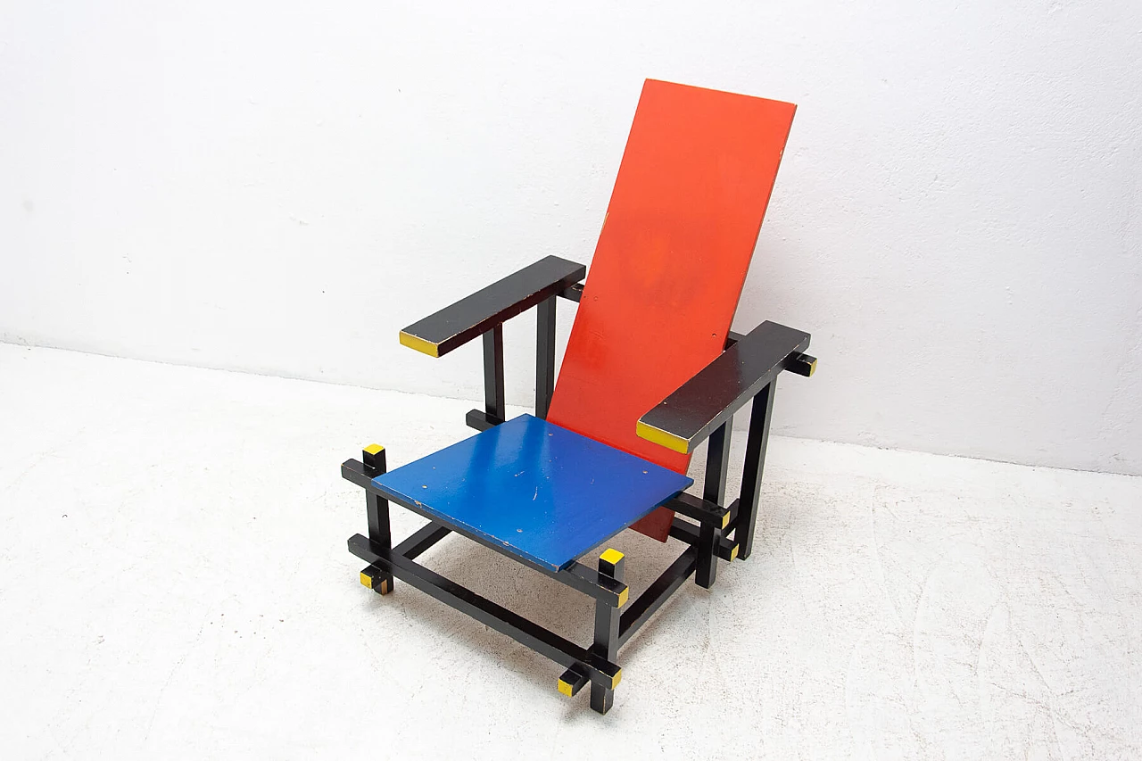 Sedia Rossa e Blu di Gerrit Rietveld in legno laccato, anni '70 1445744