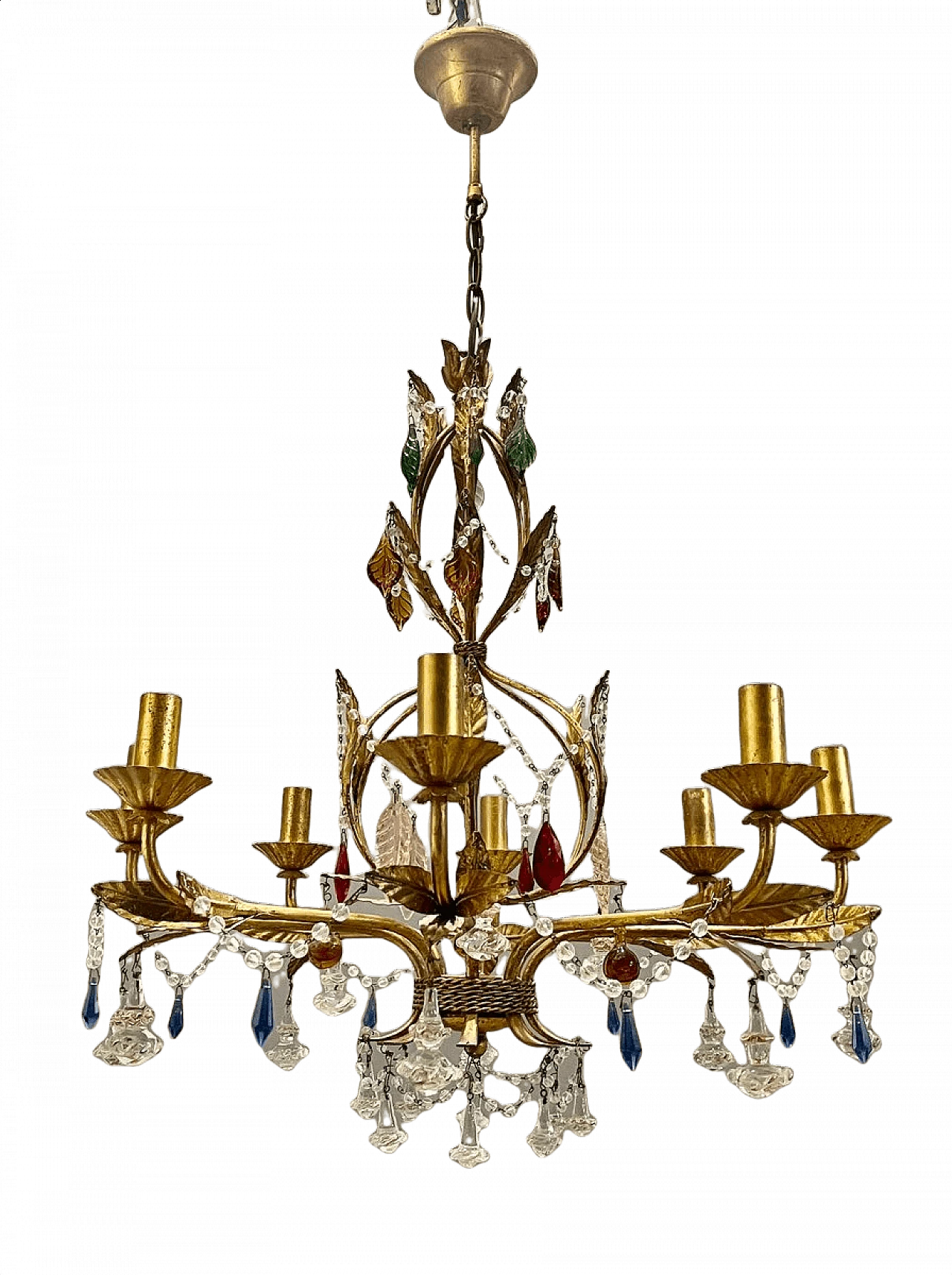 Lampadario di vetro di Murano dorato in oro fiorentino, anni '60 1446309