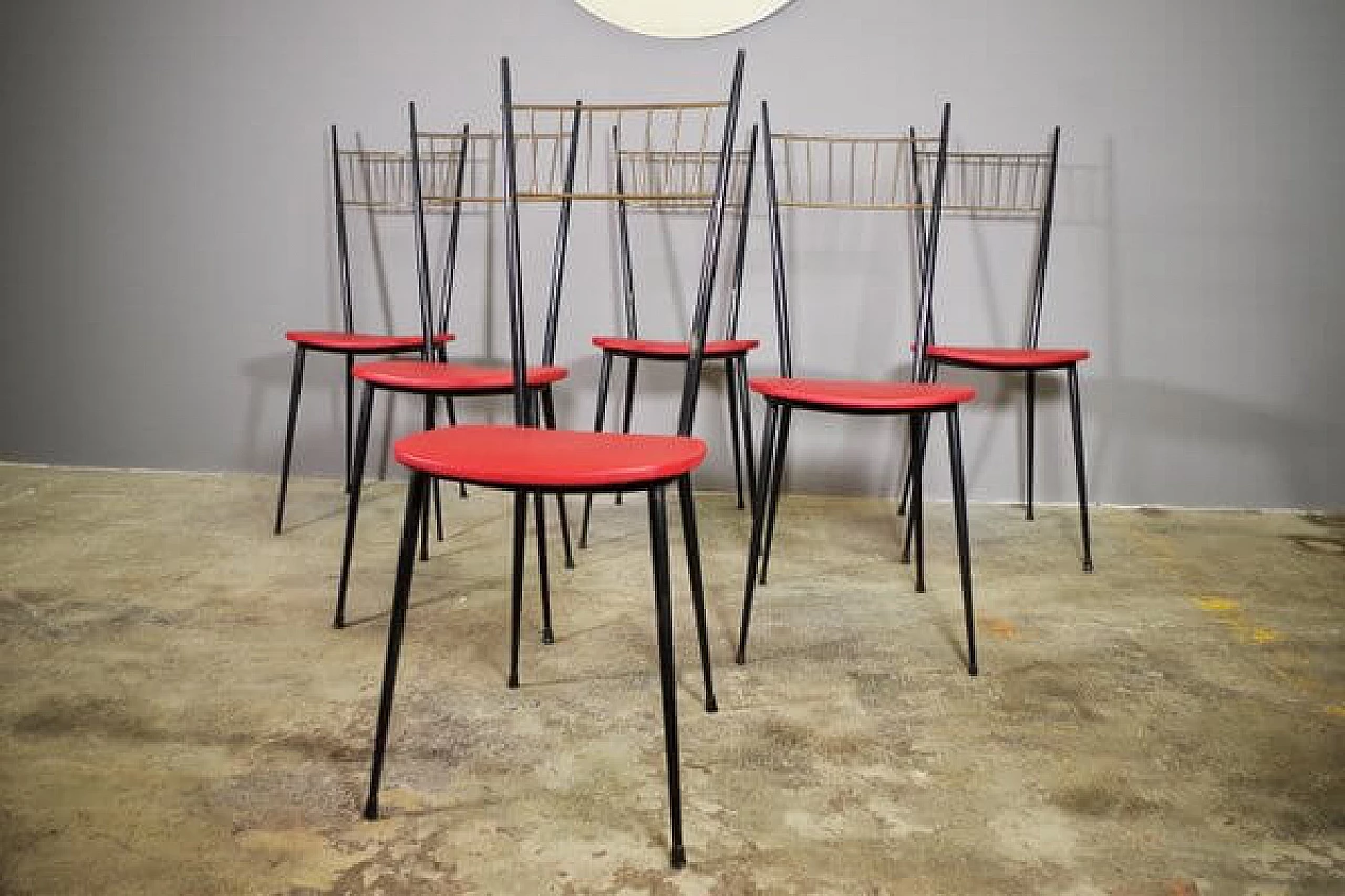6 Iron and red leatherette chairs, 1950s 1447243