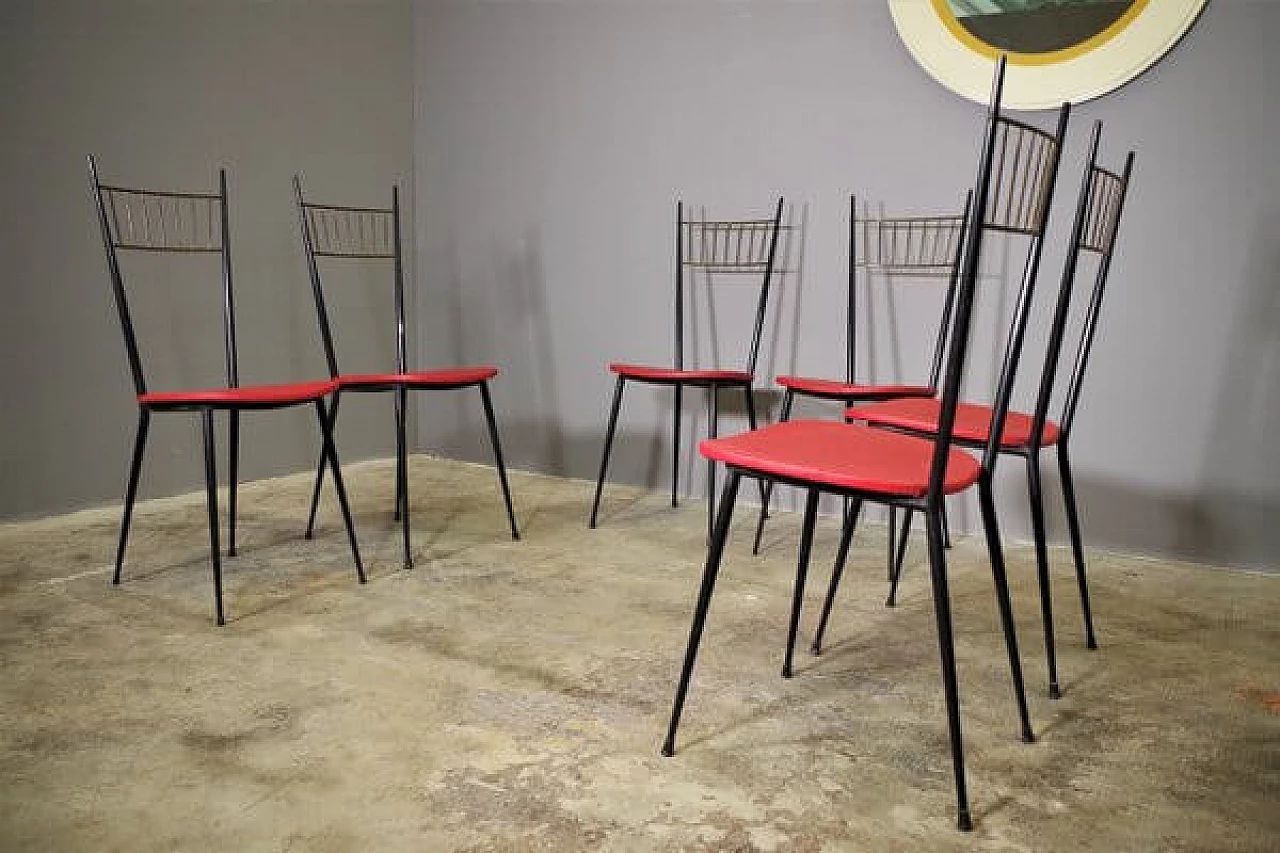 6 Iron and red leatherette chairs, 1950s 1447246