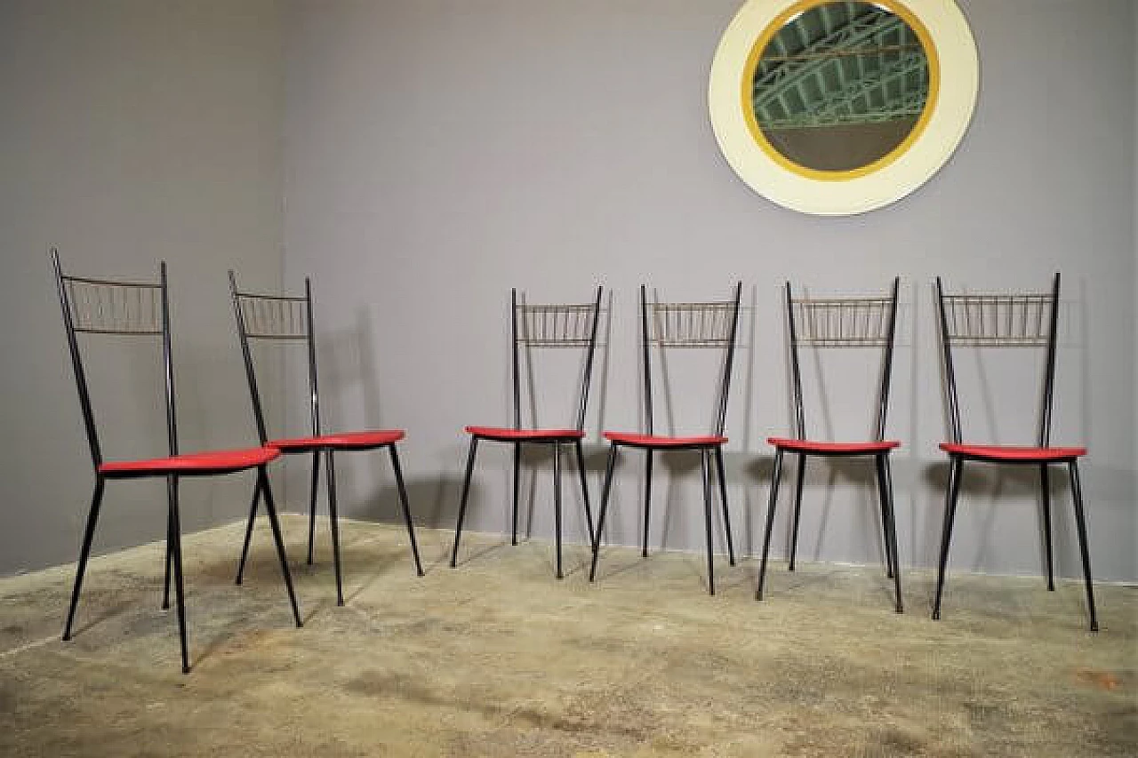 6 Iron and red leatherette chairs, 1950s 1447252