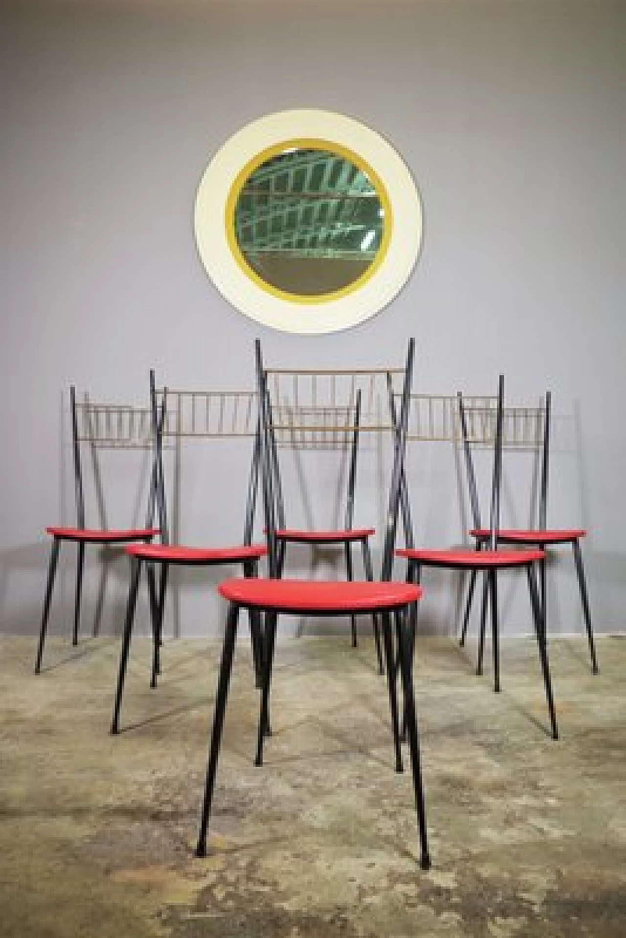 6 Iron and red leatherette chairs, 1950s 1447259