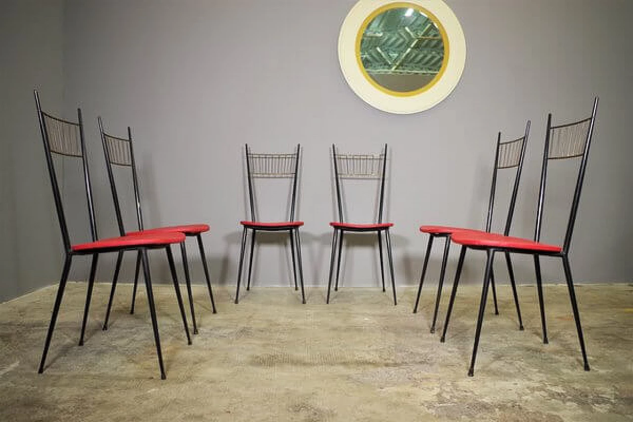 6 Iron and red leatherette chairs, 1950s 1447262