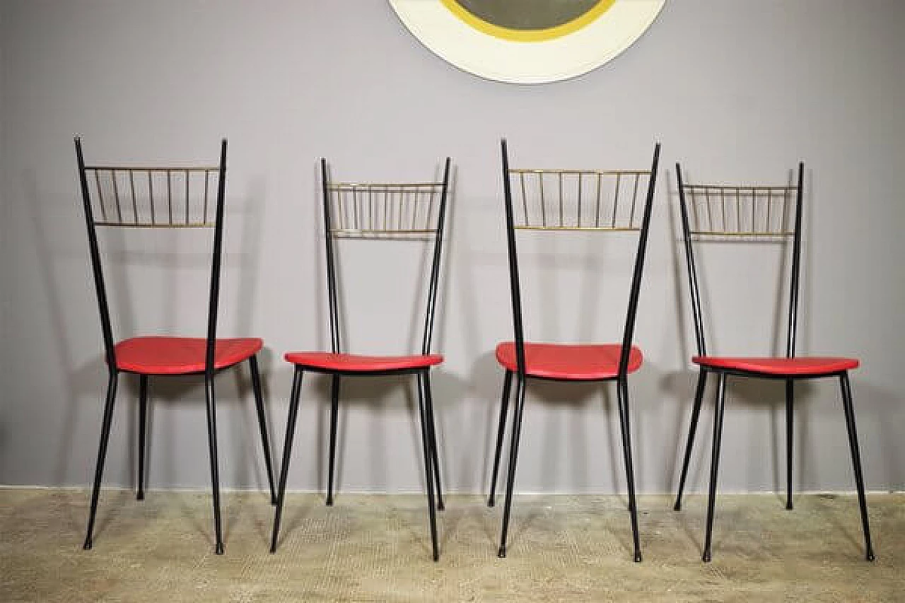 6 Iron and red leatherette chairs, 1950s 1447269