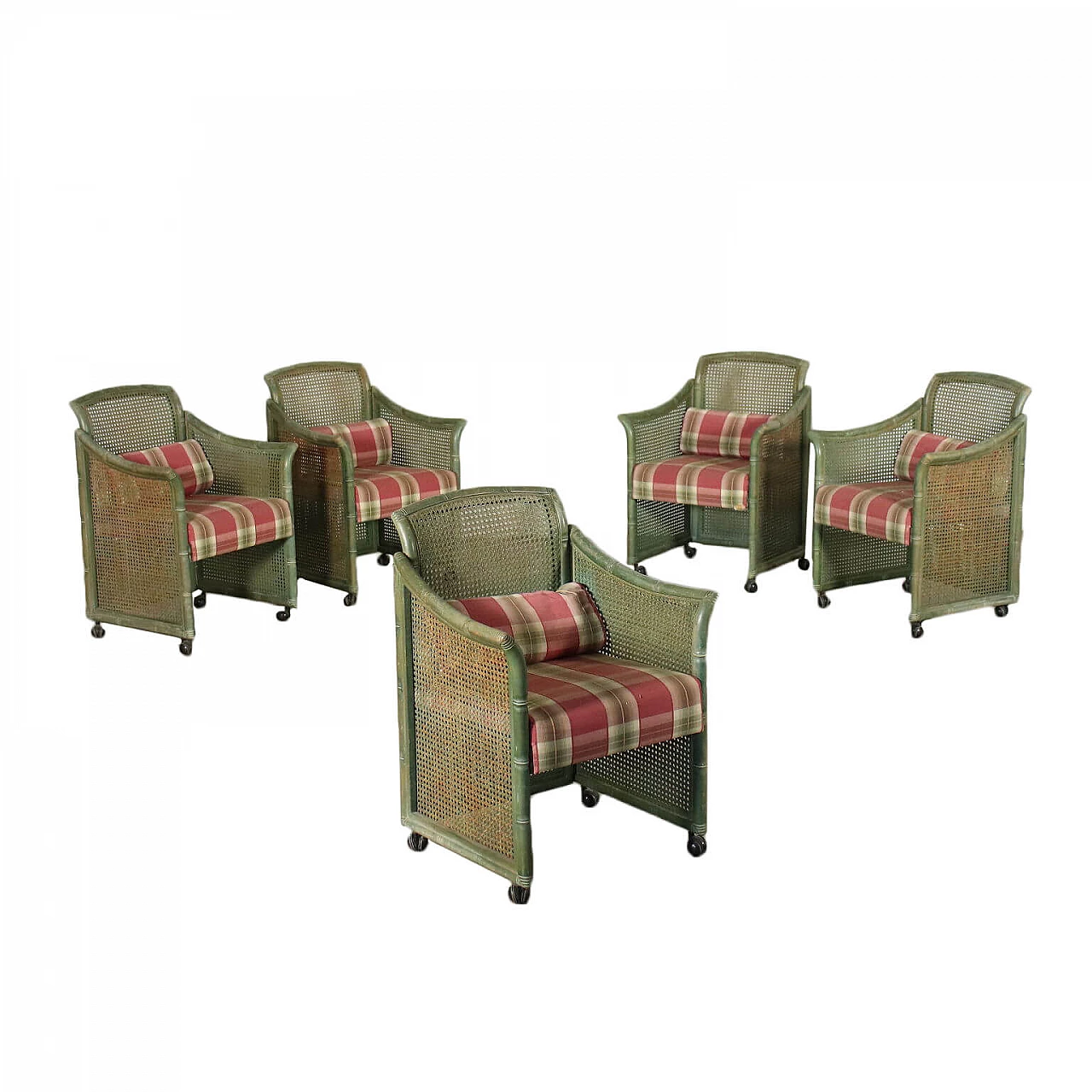 Set of 5 chairs with faux bamboo armrest in green Vienna straw, 80s 1449421