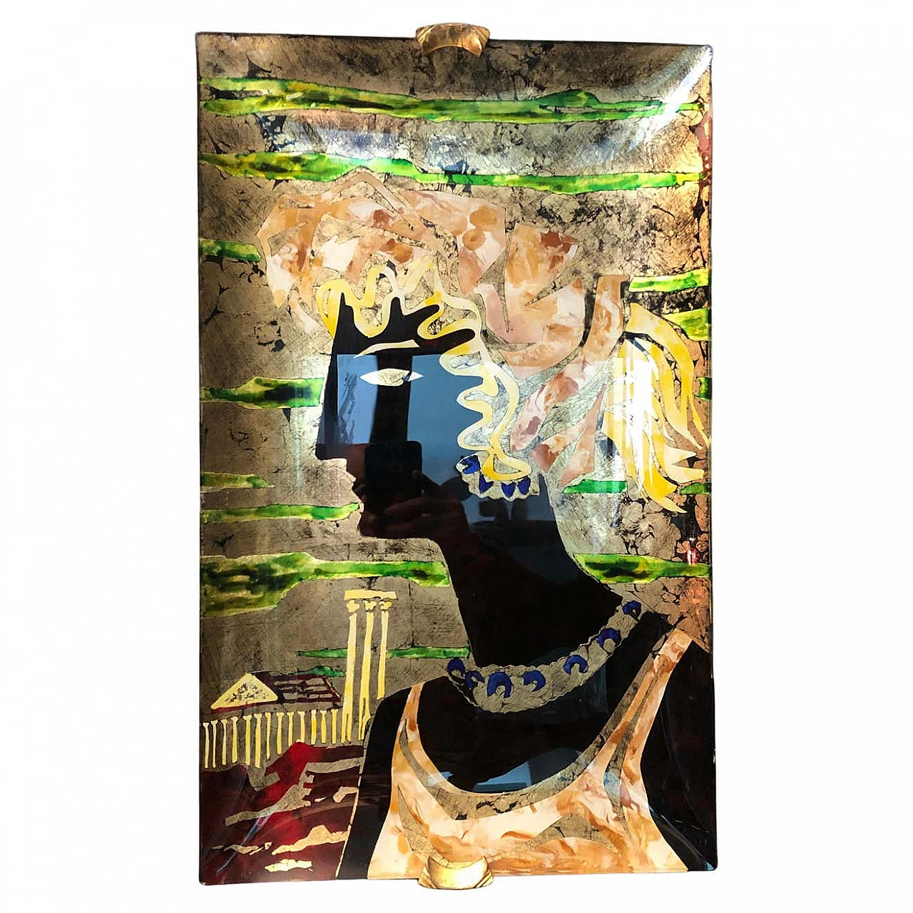 Dipinto su vetro con inserti in ottone attribuito a Fontana Arte, anni '50 1450026