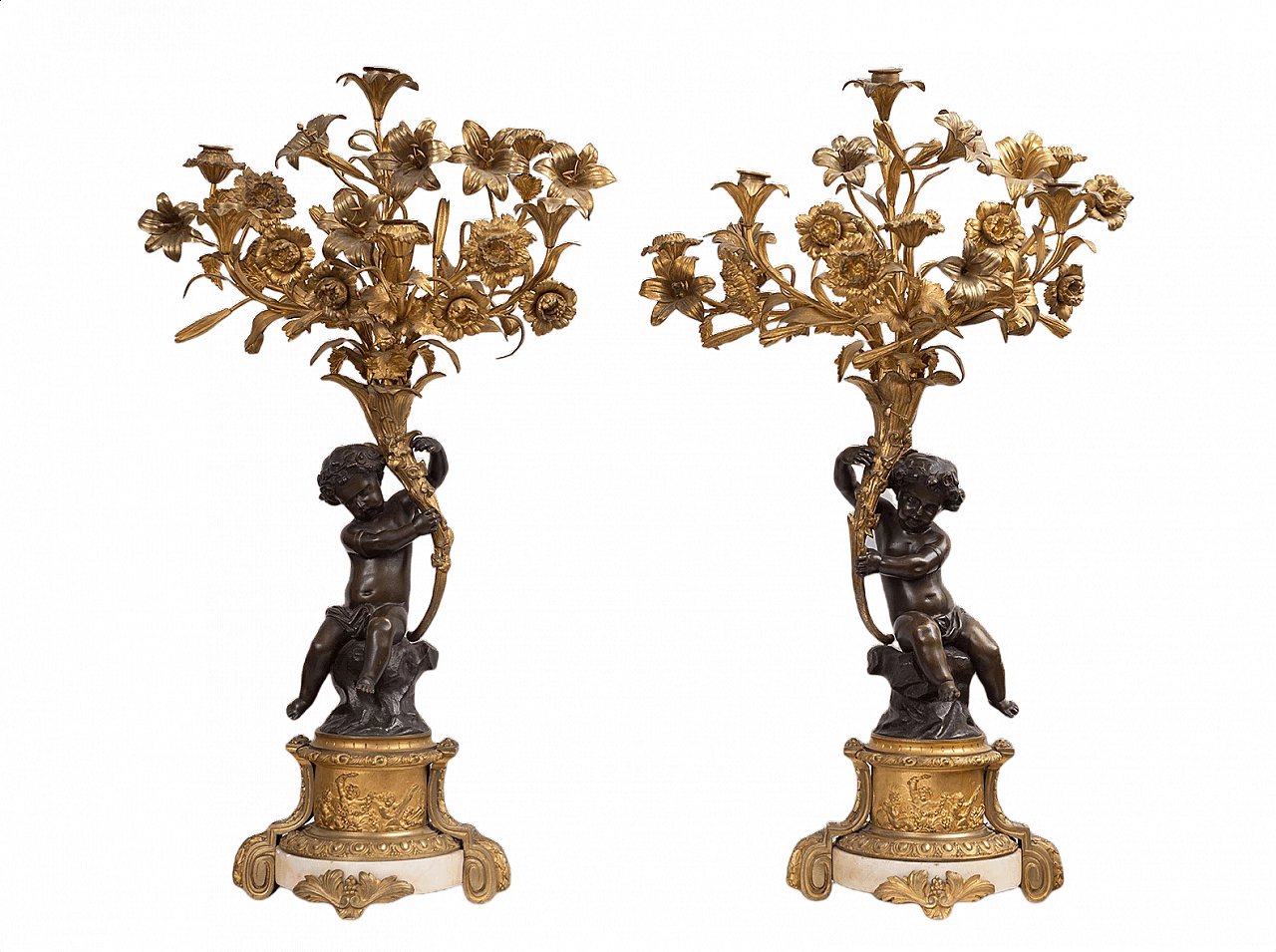 Coppia di candelabri in bronzo dorato e patinato, del '800 1450272