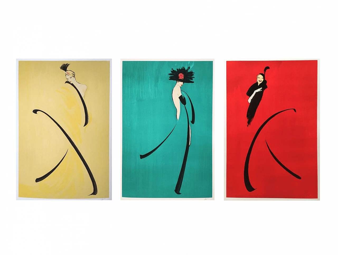 3 lithographs Femme sur fond jaun, verte, rouge by René Gruau, limited edition 1452837