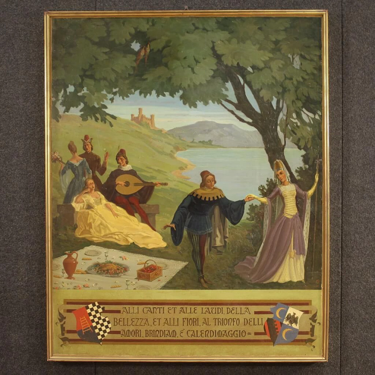Paesaggio con personaggi rinascimentali, dipinto italiano olio su masonite, 1945 1453504