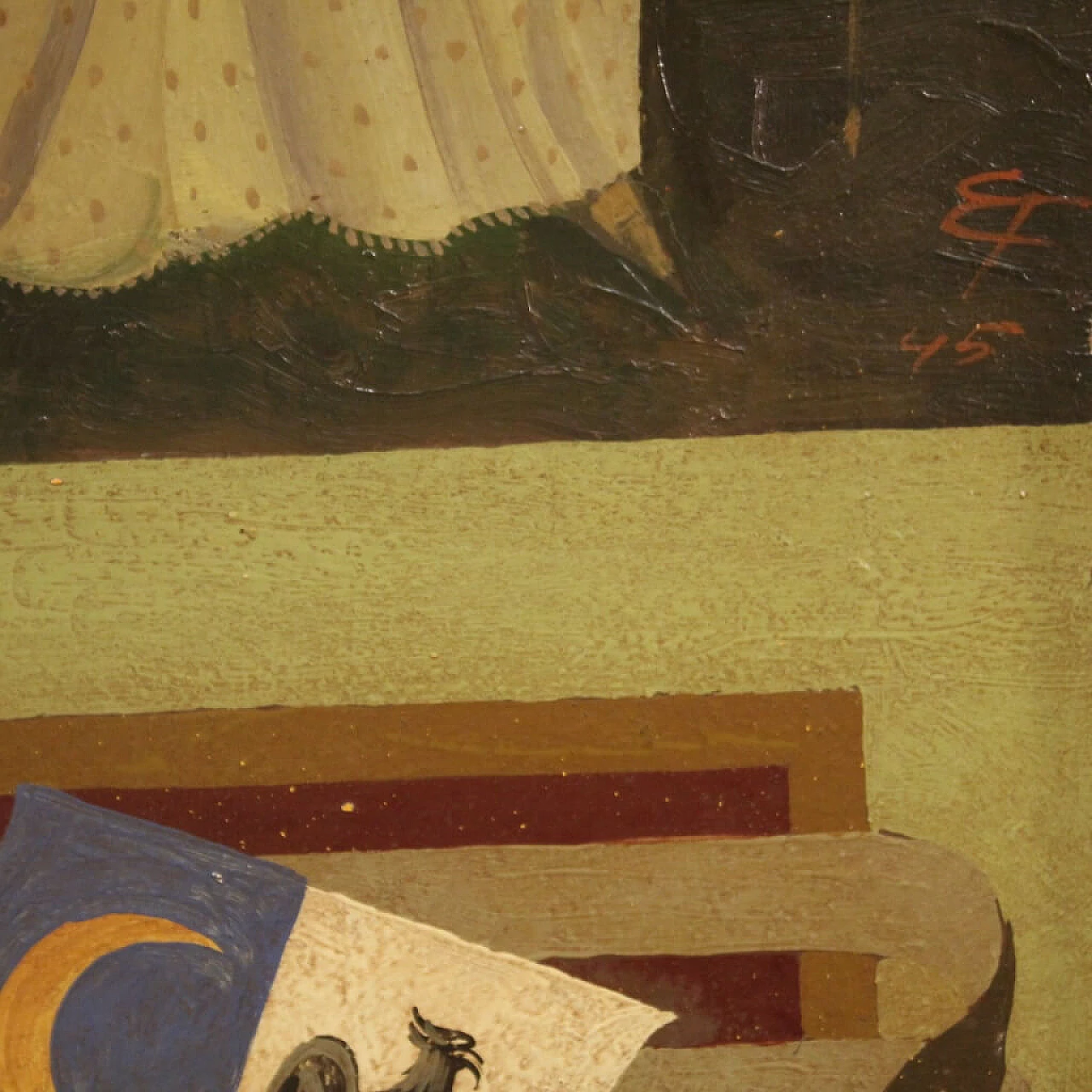 Paesaggio con personaggi rinascimentali, dipinto italiano olio su masonite, 1945 1453507