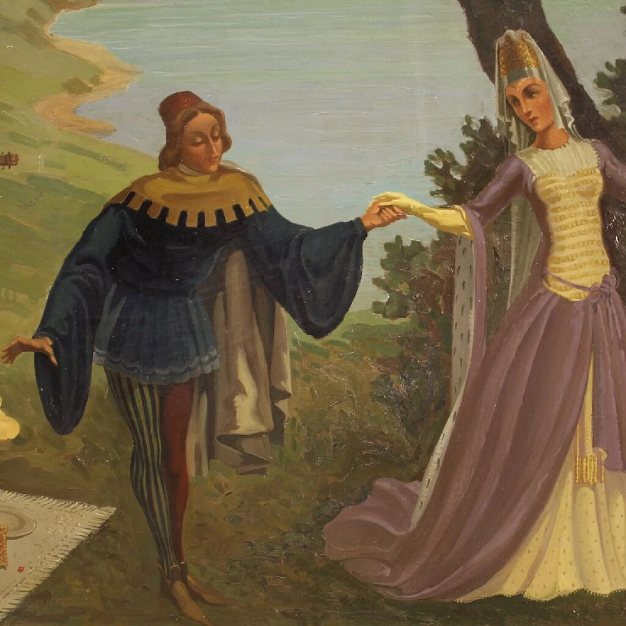 Paesaggio con personaggi rinascimentali, dipinto italiano olio su masonite, 1945 1453508