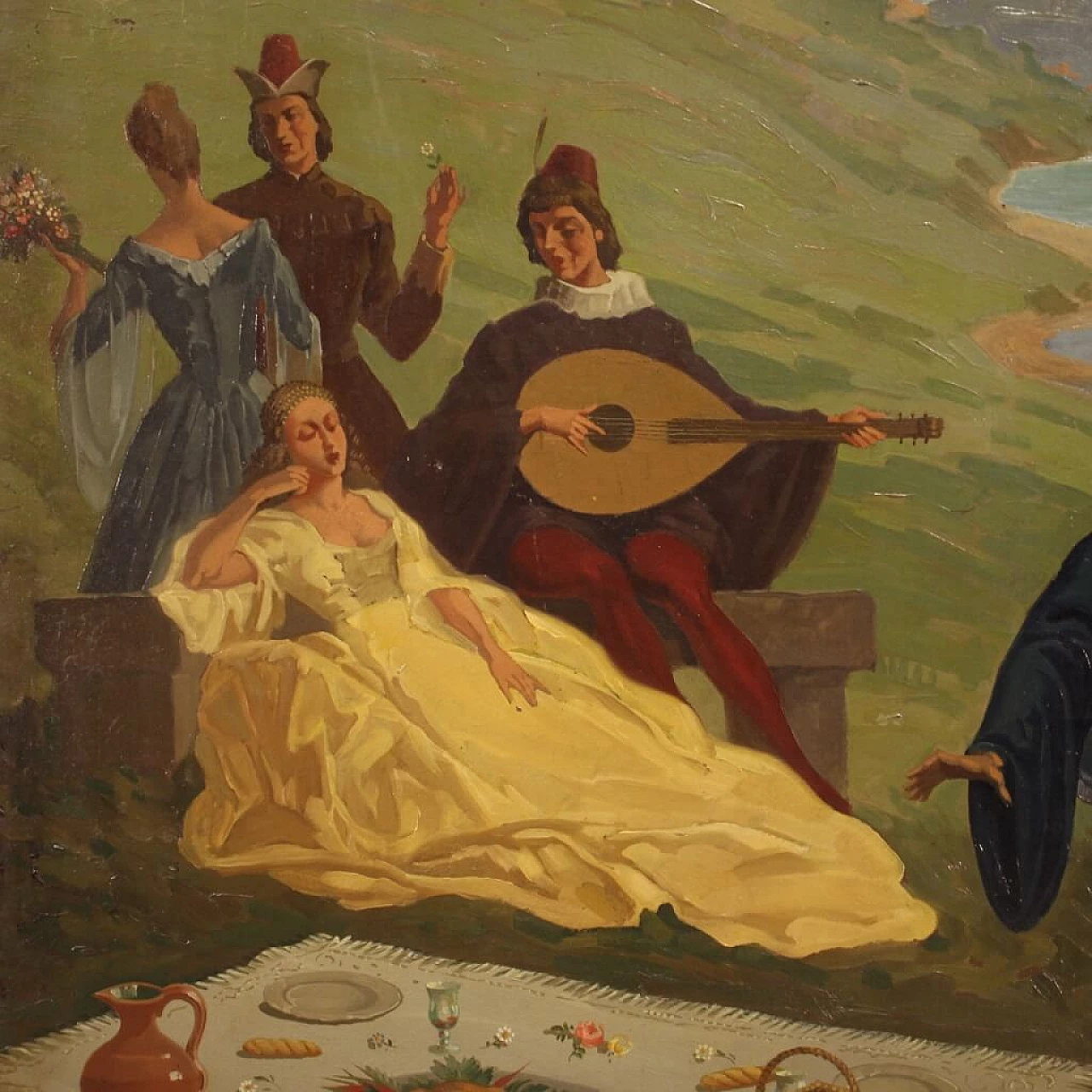 Paesaggio con personaggi rinascimentali, dipinto italiano olio su masonite, 1945 1453509