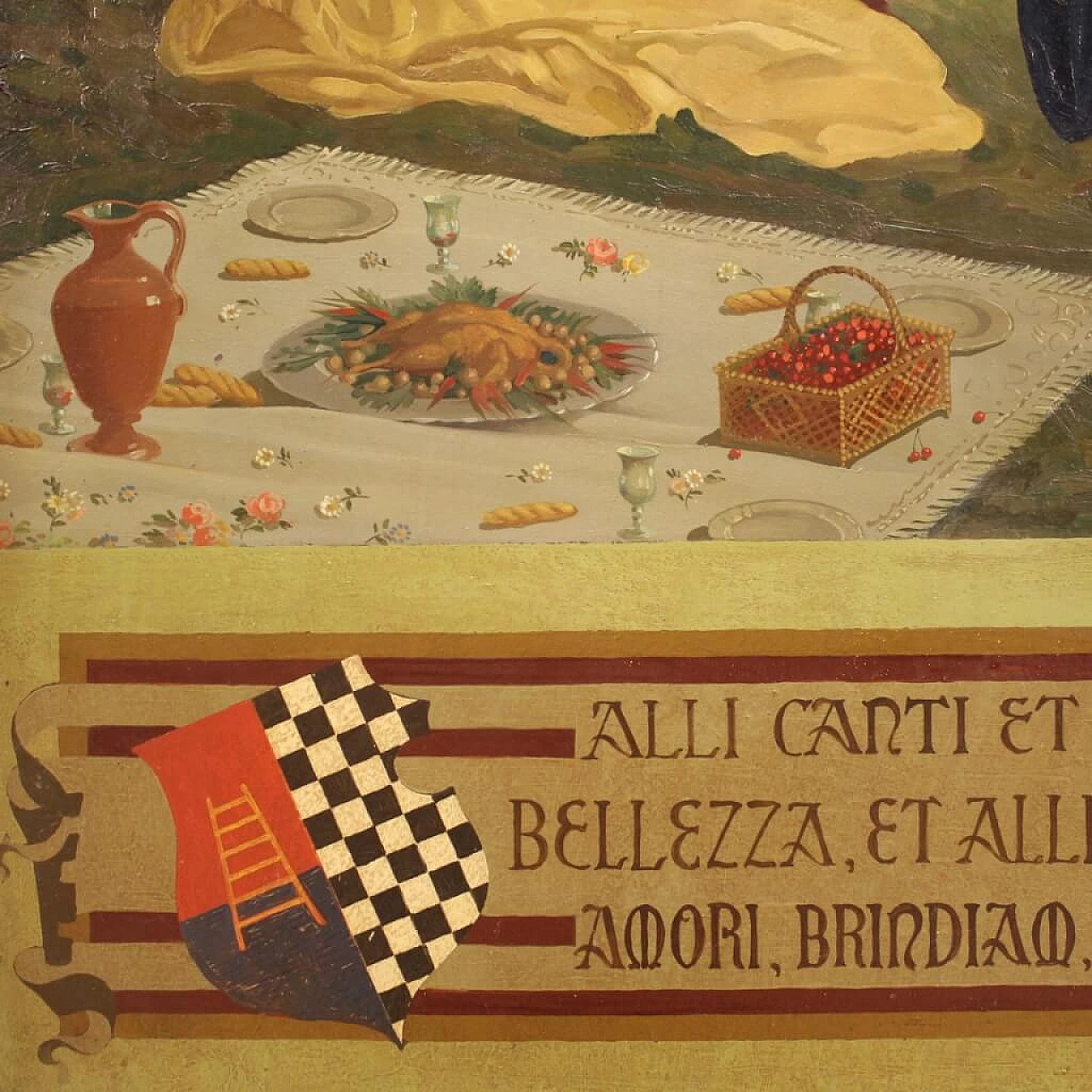 Paesaggio con personaggi rinascimentali, dipinto italiano olio su masonite, 1945 1453510