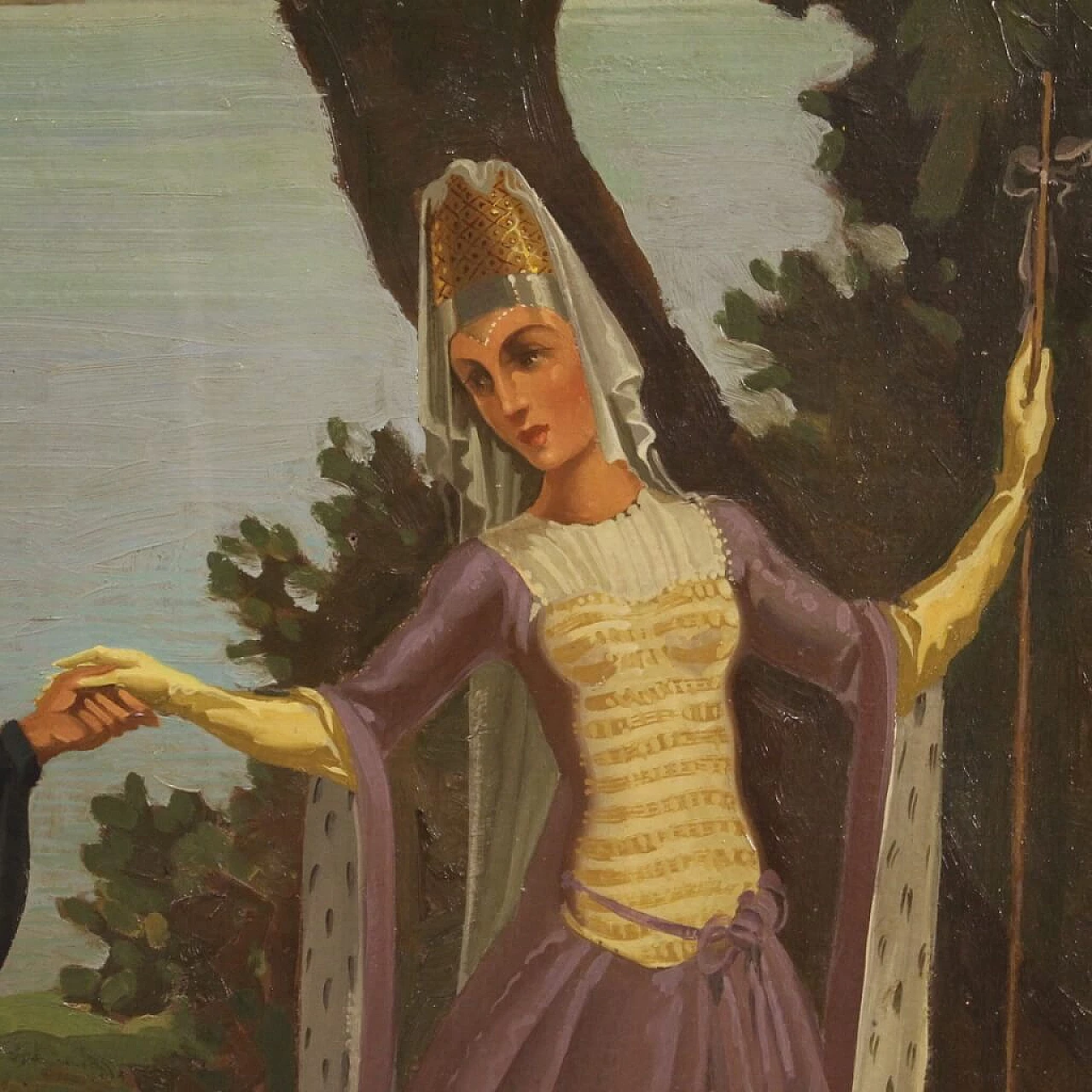 Paesaggio con personaggi rinascimentali, dipinto italiano olio su masonite, 1945 1453511