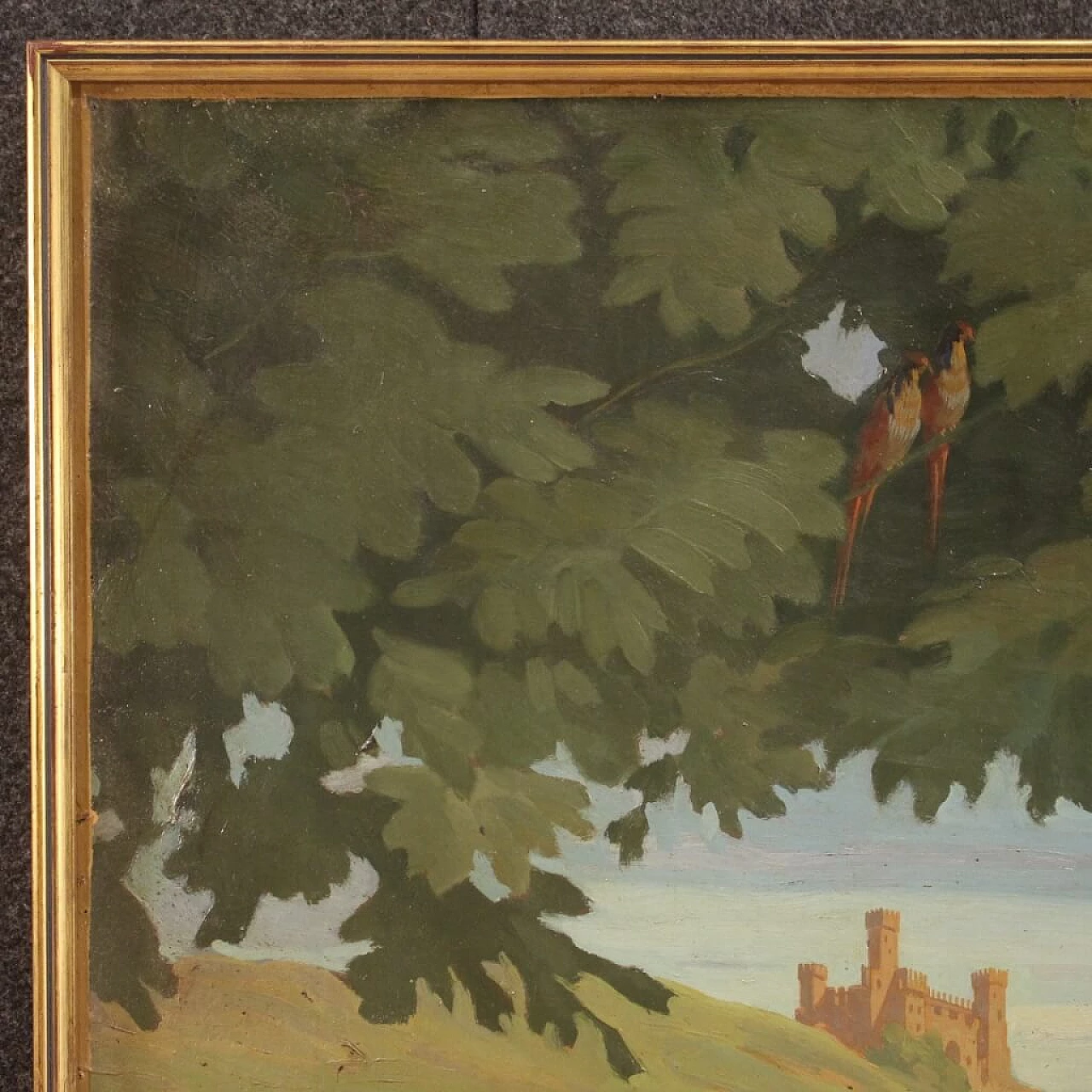 Paesaggio con personaggi rinascimentali, dipinto italiano olio su masonite, 1945 1453512