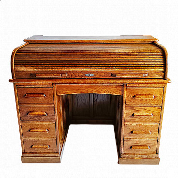 Roller writing desk with 9 oak drawers, 20th century
