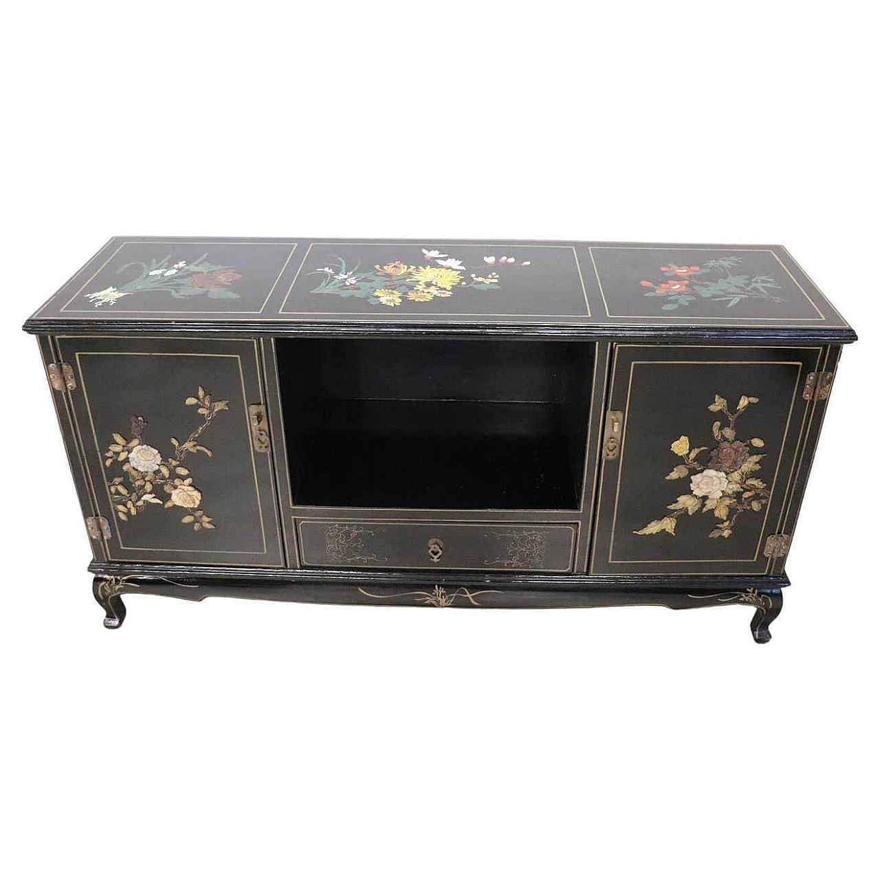 Credenza orientale in legno laccato con decori in pietra saponaria, anni '30 1455755