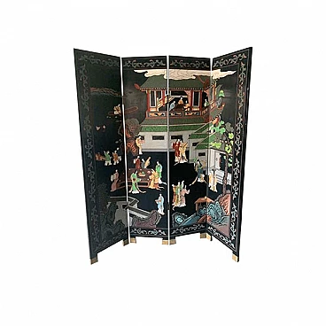 Japanese wood and brass 4-panel screen