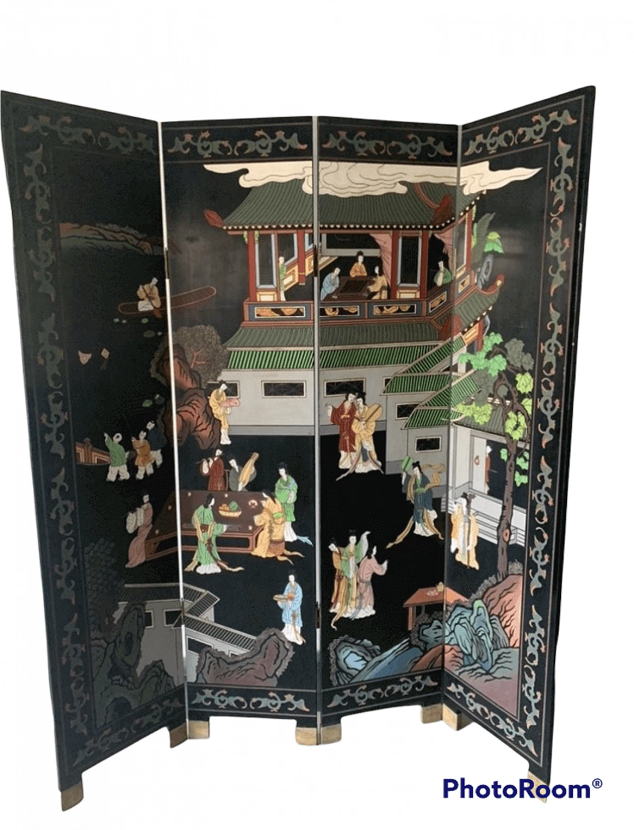 Paravento giapponese in legno e ottone a 4 ante 1458091