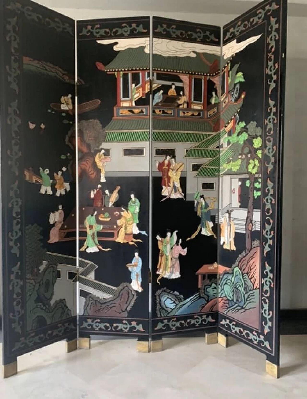 Paravento giapponese in legno e ottone a 4 ante 1458093
