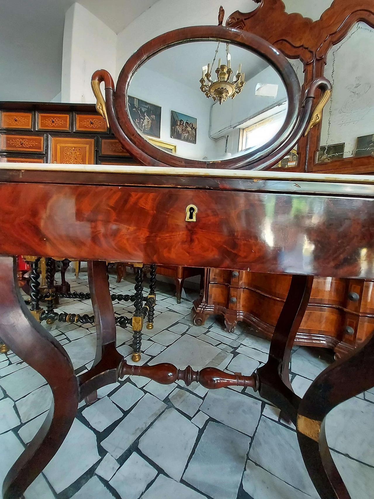 French dressing table in mahogany and white marble, 18th century 1458229