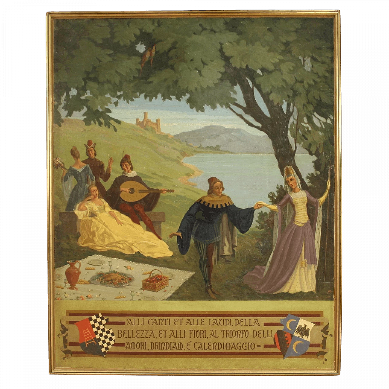 Paesaggio con personaggi rinascimentali, dipinto italiano olio su masonite, 1945 1458288