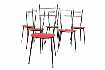 6 Iron and red leatherette chairs, 1950s
