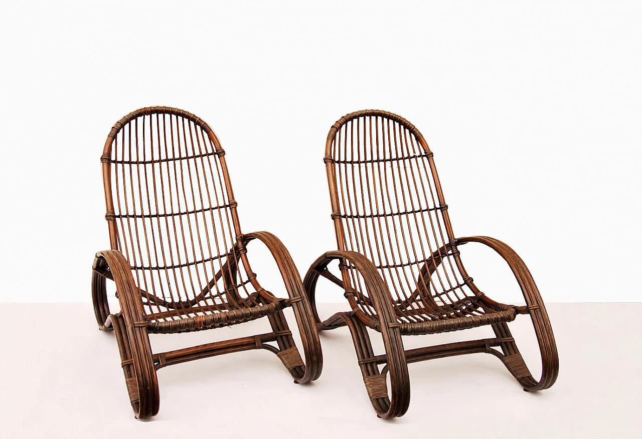 Pair of armchairs in rattan and Indian cane, 1970s 1461384