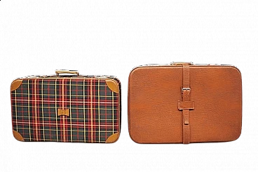 Pair of leather and fabric suitcases, 1950s