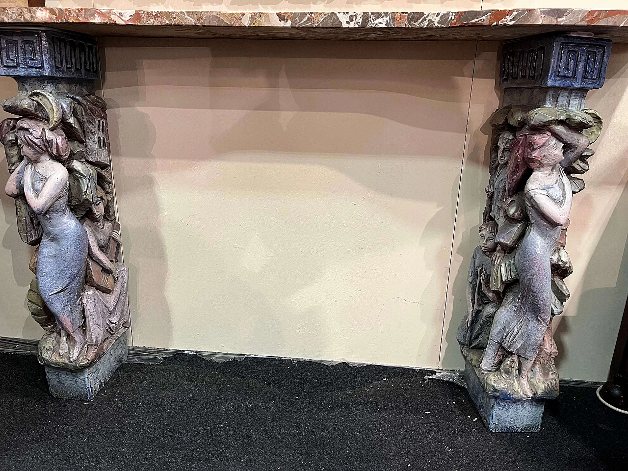 Console with caryatids in glazed terracotta by Victor Cerrato, 1940s 1462491