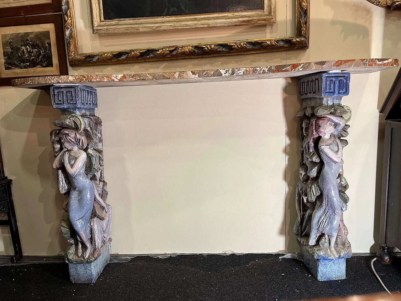 Console with caryatids in glazed terracotta by Victor Cerrato, 1940s 1462494