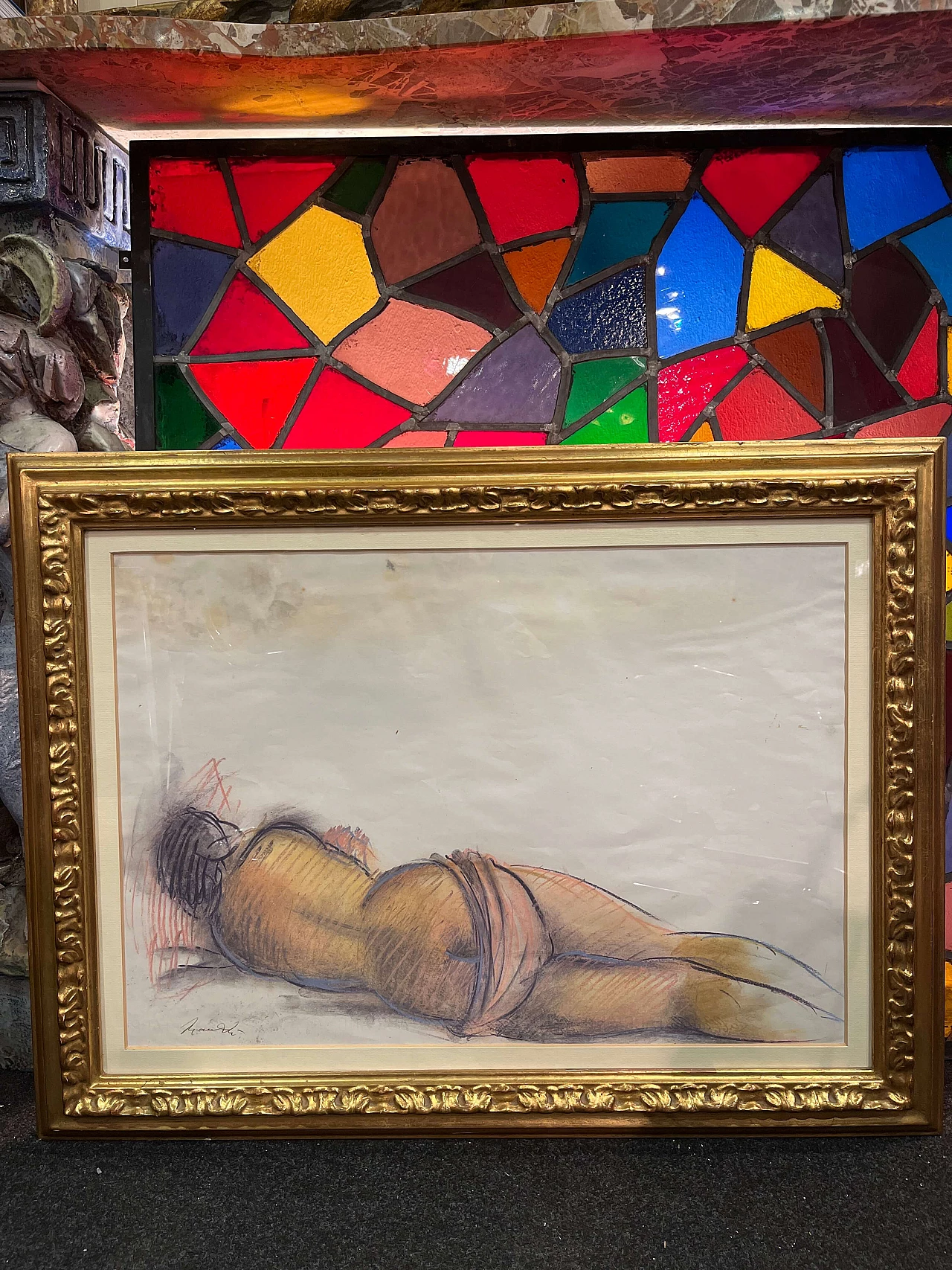 Drawing with coloured pencil of Giacomo Manzù's Lying Nude, 1970s 1462504