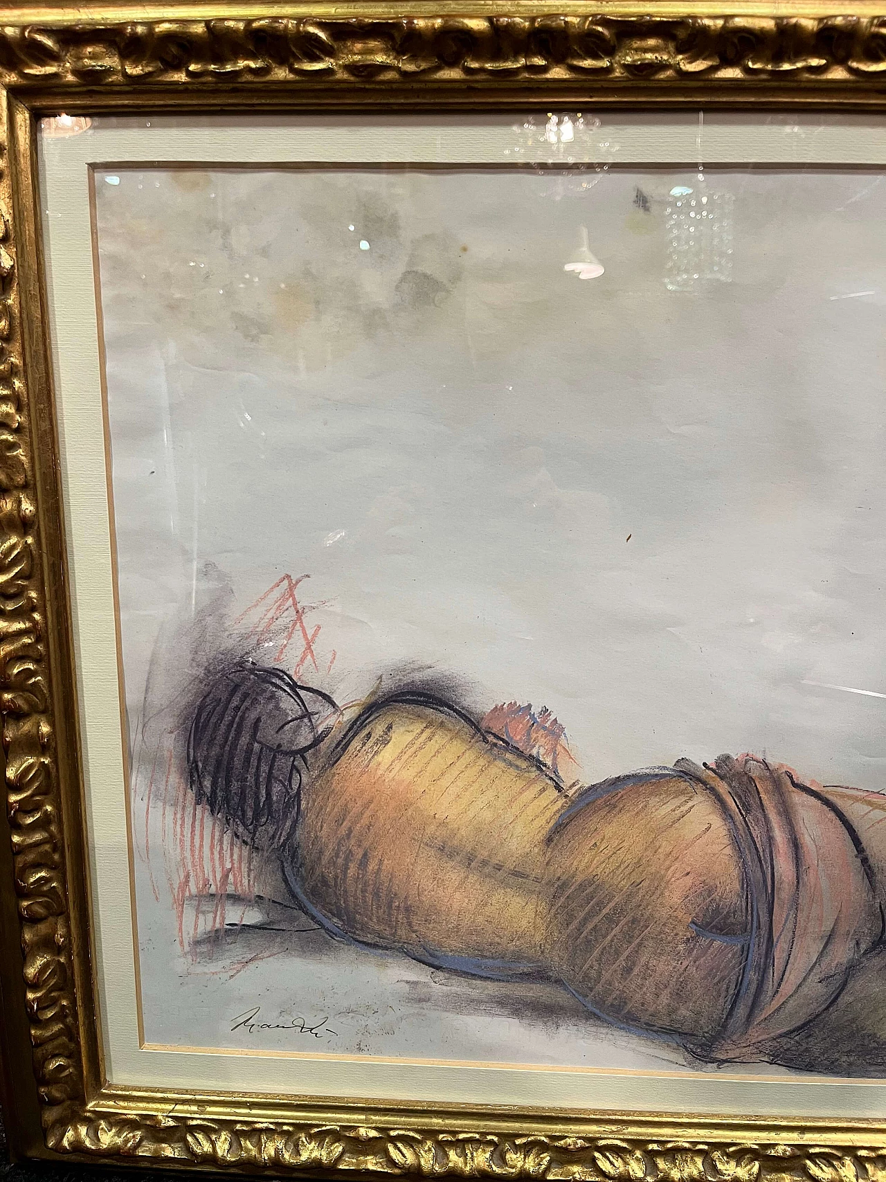 Drawing with coloured pencil of Giacomo Manzù's Lying Nude, 1970s 1462505