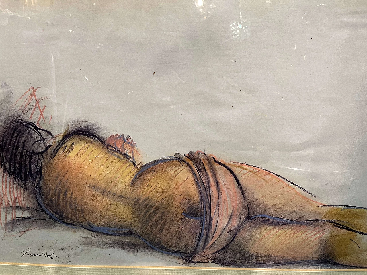Drawing with coloured pencil of Giacomo Manzù's Lying Nude, 1970s 1462507