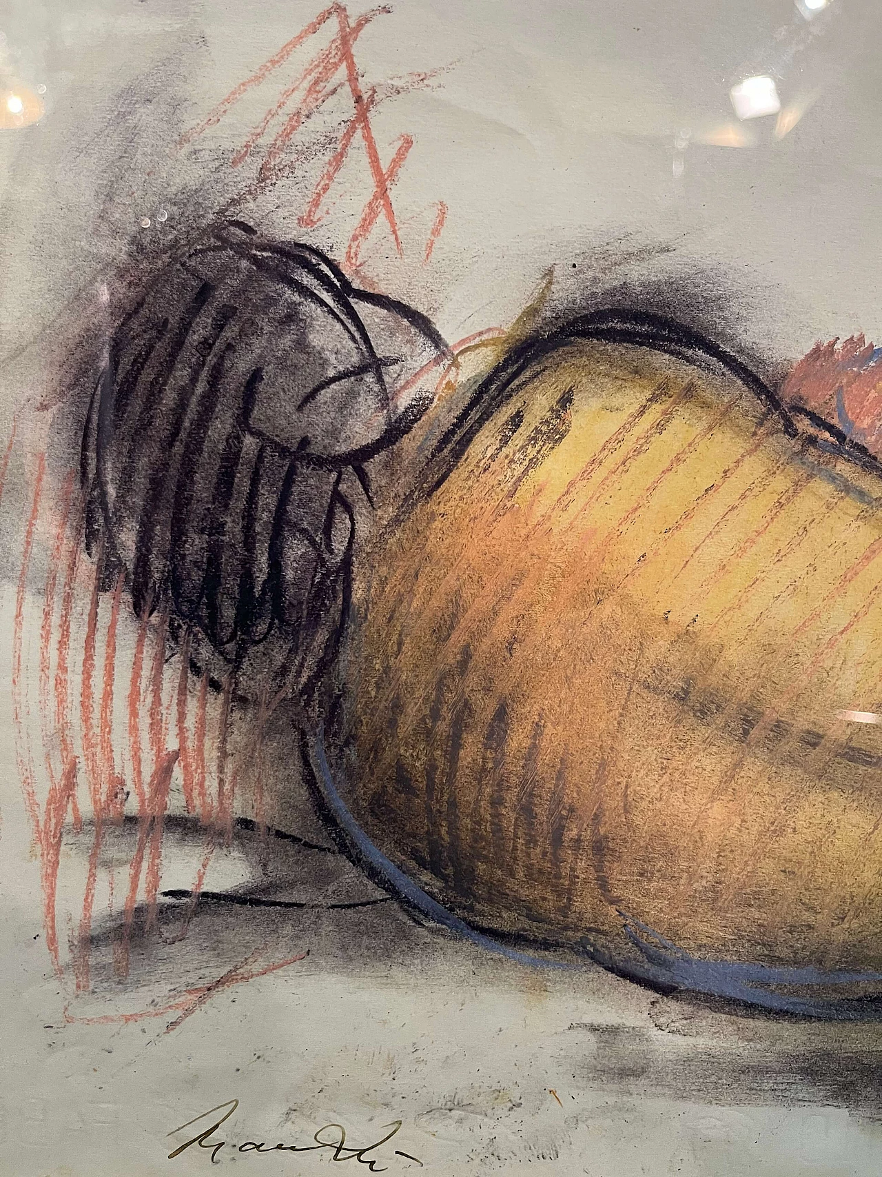 Drawing with coloured pencil of Giacomo Manzù's Lying Nude, 1970s 1462508