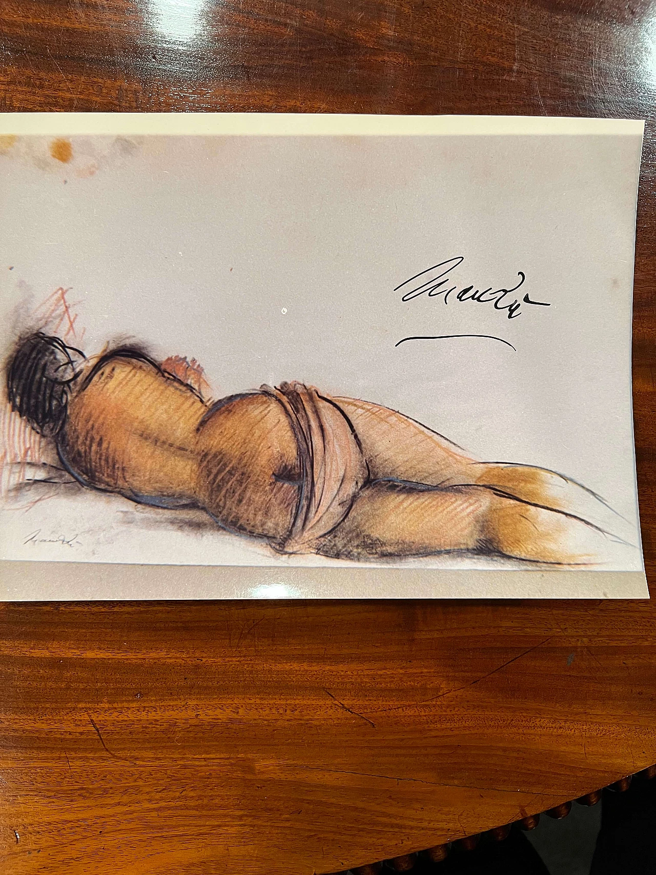 Drawing with coloured pencil of Giacomo Manzù's Lying Nude, 1970s 1462509