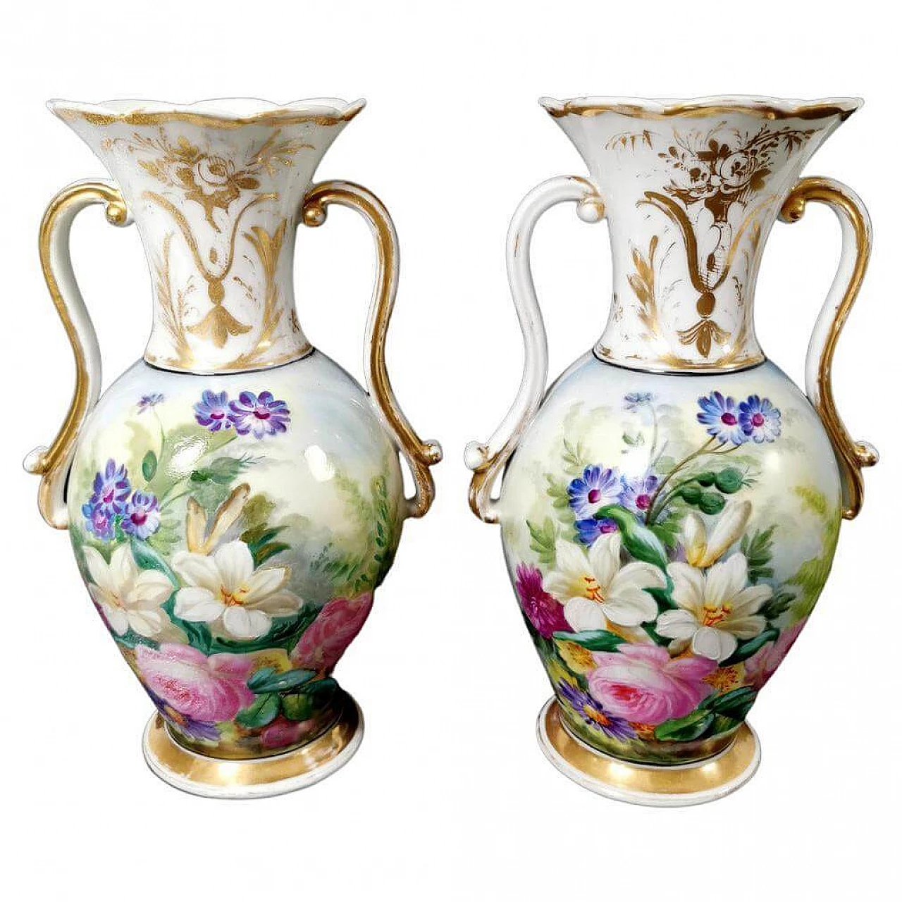 Coppia di vasi dipinti a mano in porcellana De Paris, del '800 1463949