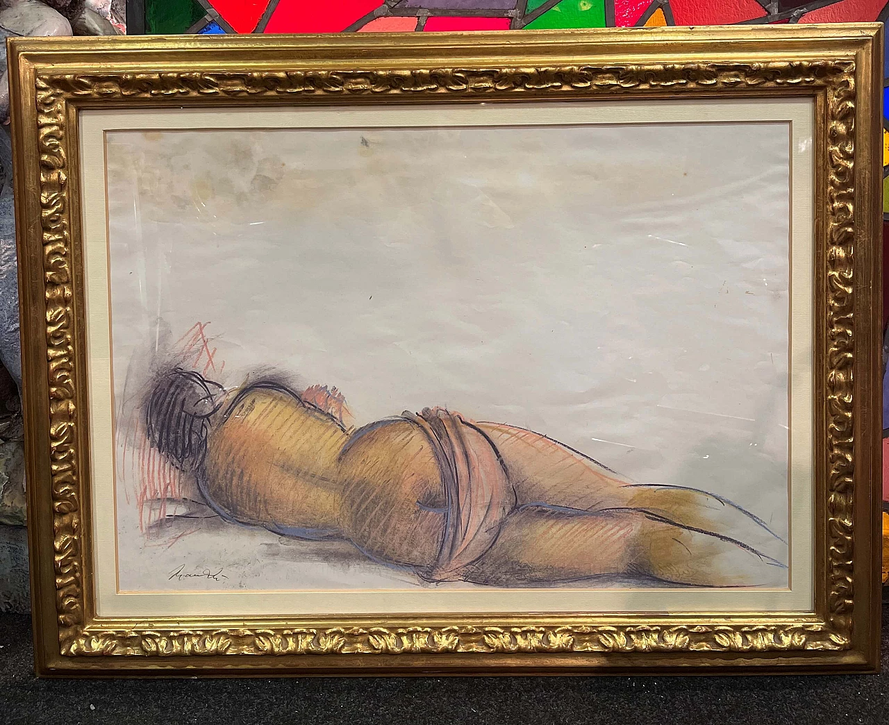 Drawing with coloured pencil of Giacomo Manzù's Lying Nude, 1970s 1464300
